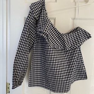 NWT J Crew One-Sleeved Checked Top Navy Blue Size6